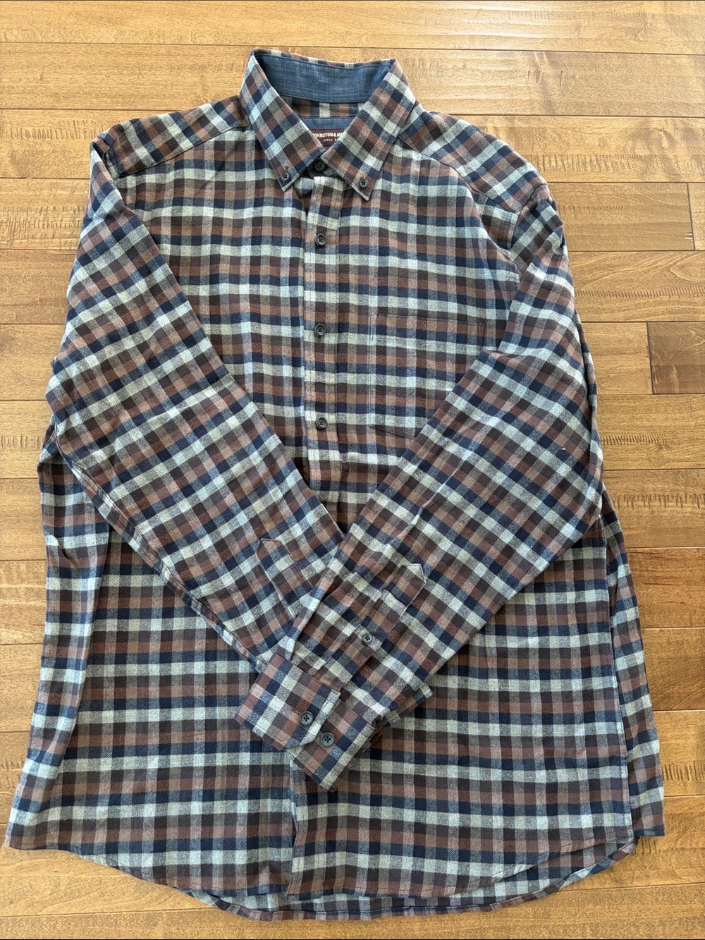 Johnston & Murphy Large Men's Plaid Button-Down Shirt - Blue, Brown & Gray